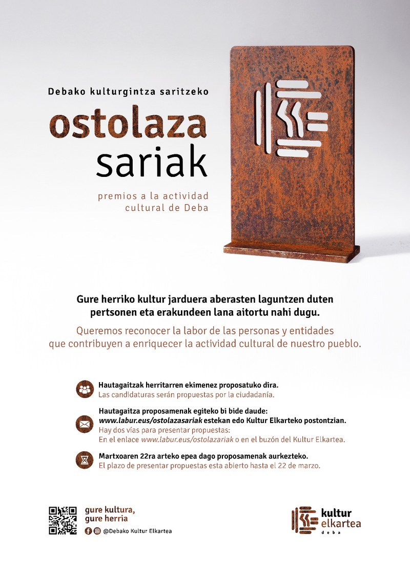 ‘Ostolaza Sariak’ reconocerá la labor de las personas y entidades que han contribuido a enriquecer la actividad cultural de Deba