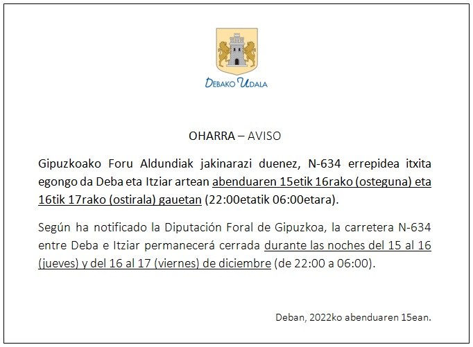 Hoy y mañana por la noche la la carretera N-634 permanecerá cerrada por obras