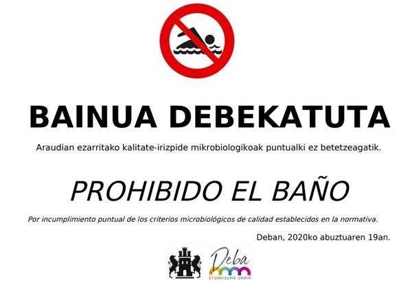 Baño prohibido en las playas Santiago y Lapari de Deba, por incumplimiento puntual de los criterios microbiológicos de calidad establecidos en la normativa.