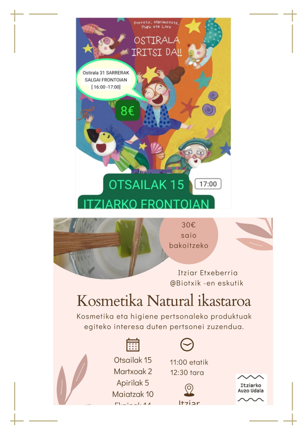 El espectáculo de payasos Porrotx, Marimotots, Pupu y Lore y un taller de cosmética natural, en febrero en Itziar
