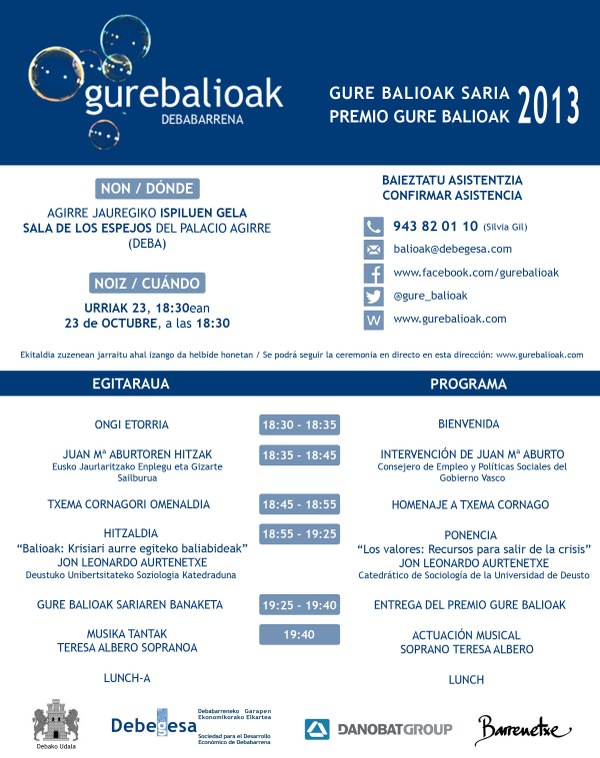El fallo del jurado del premio Gure Balioak 2013 se dará a conocer el 23 de octubre en Deba