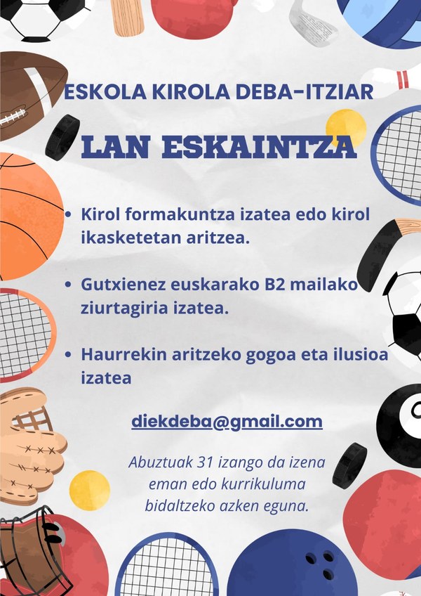 La Asociación de Deporte Escolar de Deba e Itziar (DIEK) busca personal