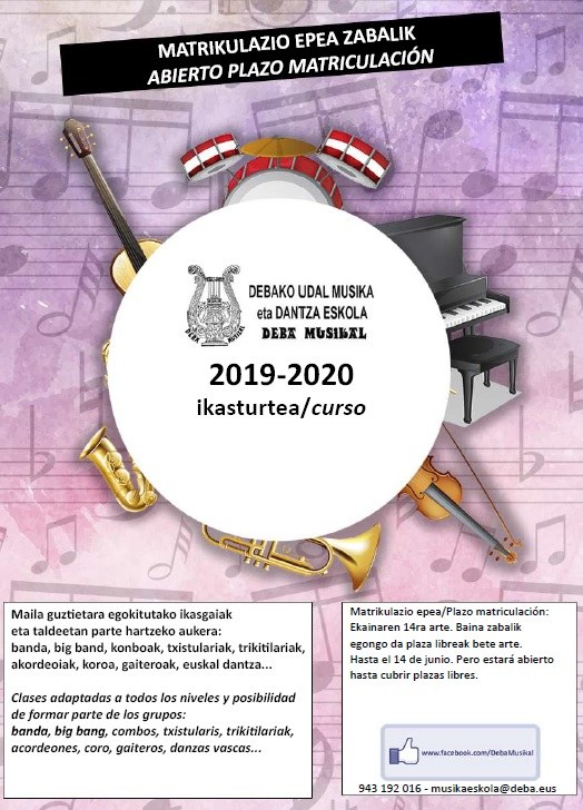 Debako udal musika eta dantza eskolak zabaldu du 2019-2020 ikasturterako matrikulazio epea 