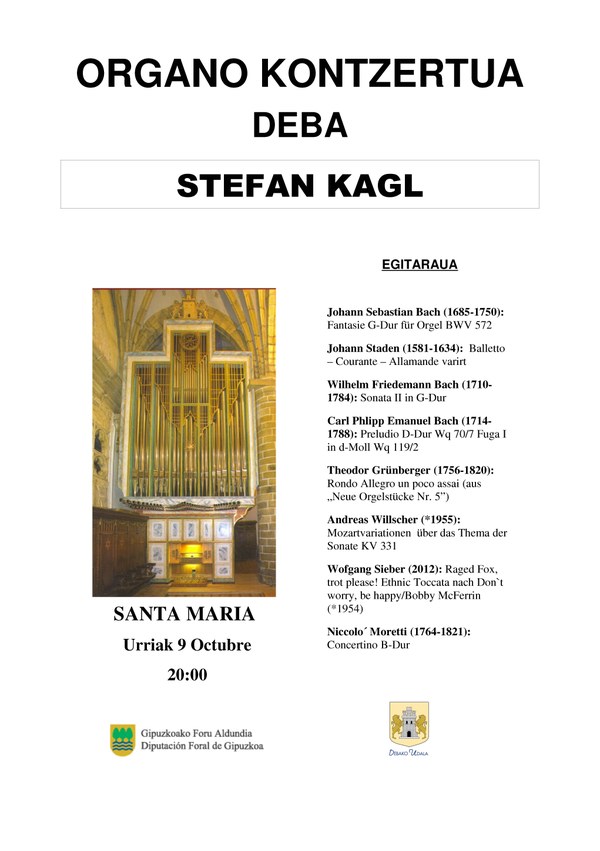 Stefan Kagl alemaniarraren kontzertua ostiralean Santa Maria Elizan